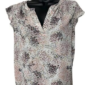 LOFT Floral Print V Neck Cap Sleeve Blouse Top White Burgundy Black Small